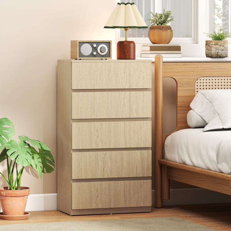 Chest of Drawers with 5 Spacious Handleless Drawers for Bedroom Storage Natural Wood AOSOM