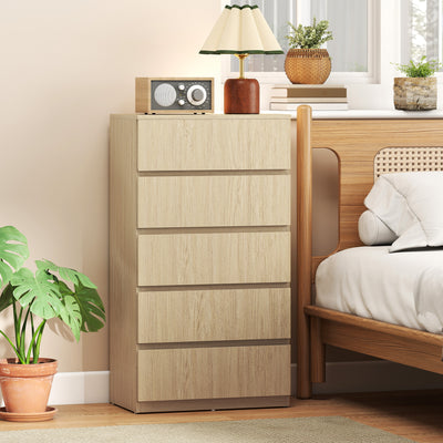Chest of Drawers with 5 Spacious Handleless Drawers for Bedroom Storage Natural Wood AOSOM
