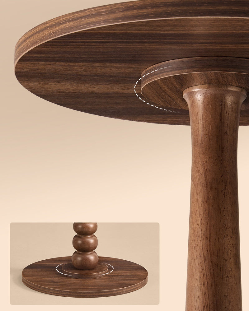 Close-up of the Chestnut Walnut wood grain tabletop and the reinforced base joint