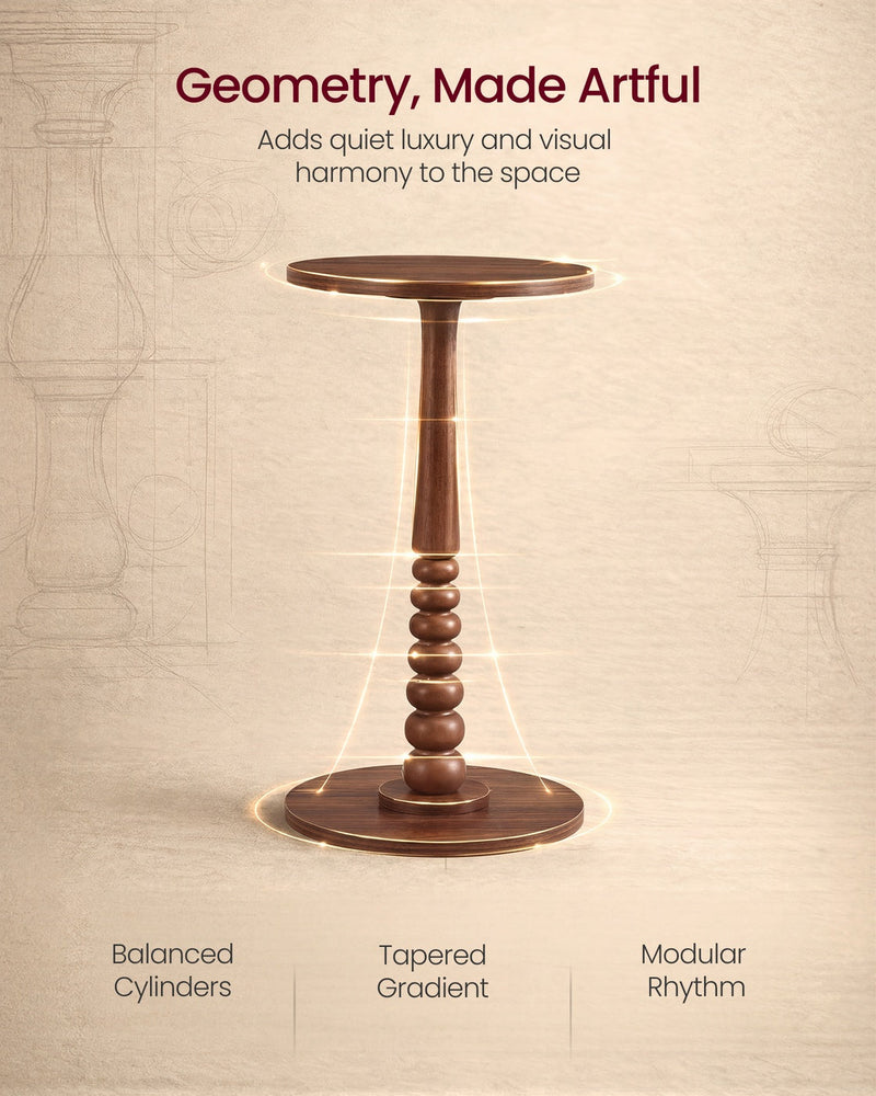 Design panel highlighting the stacked bead detailing on the Chestnut Walnut pedestal leg