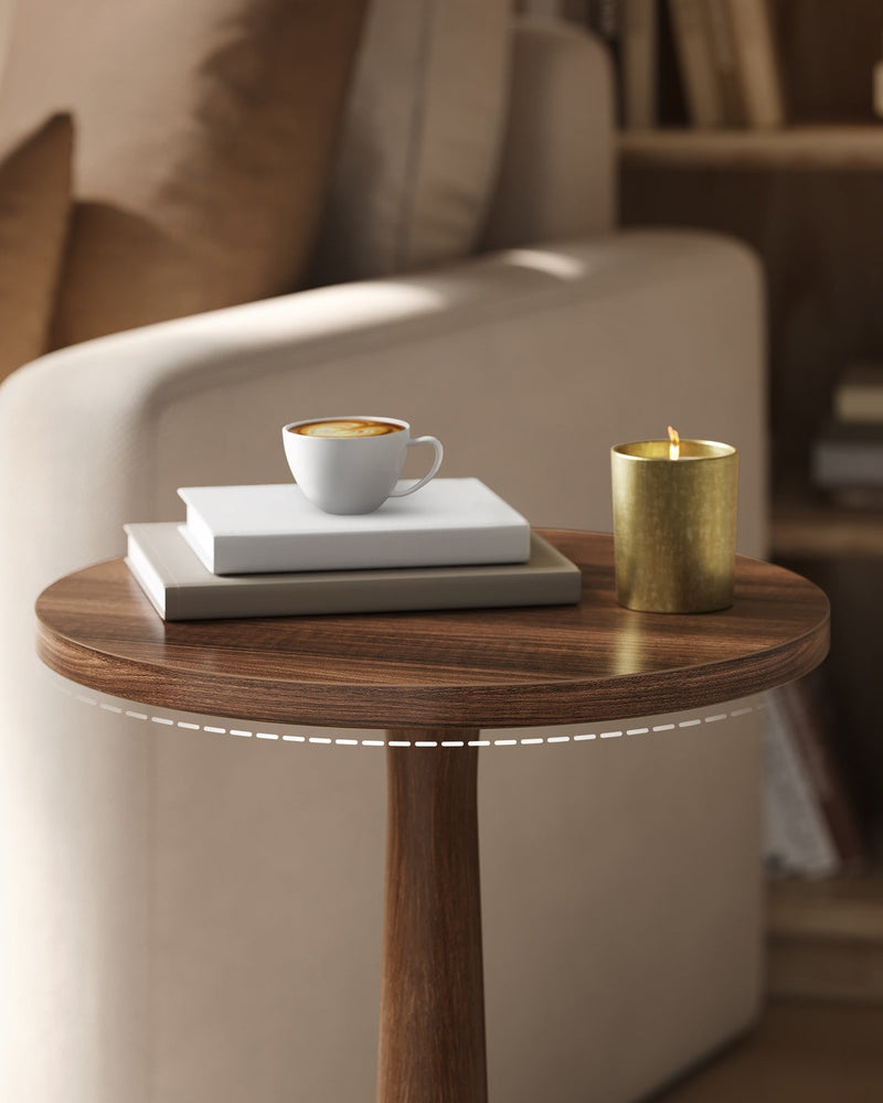 Chestnut Walnut tabletop holding a coffee cup on white books next to a gold candle