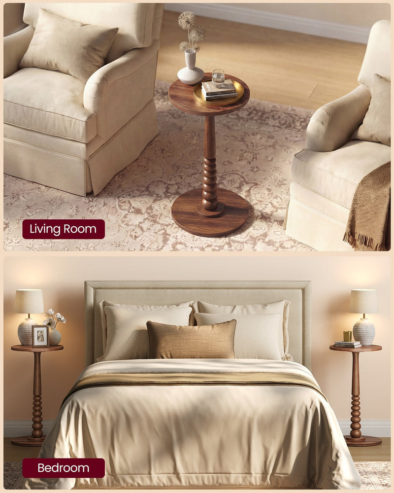 Chestnut Walnut table shown between two cream armchairs and beside a bed as a nightstand