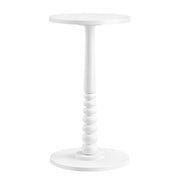 Cloud White MARIEL round side table with turned solid wood pedestal leg on a plain background
