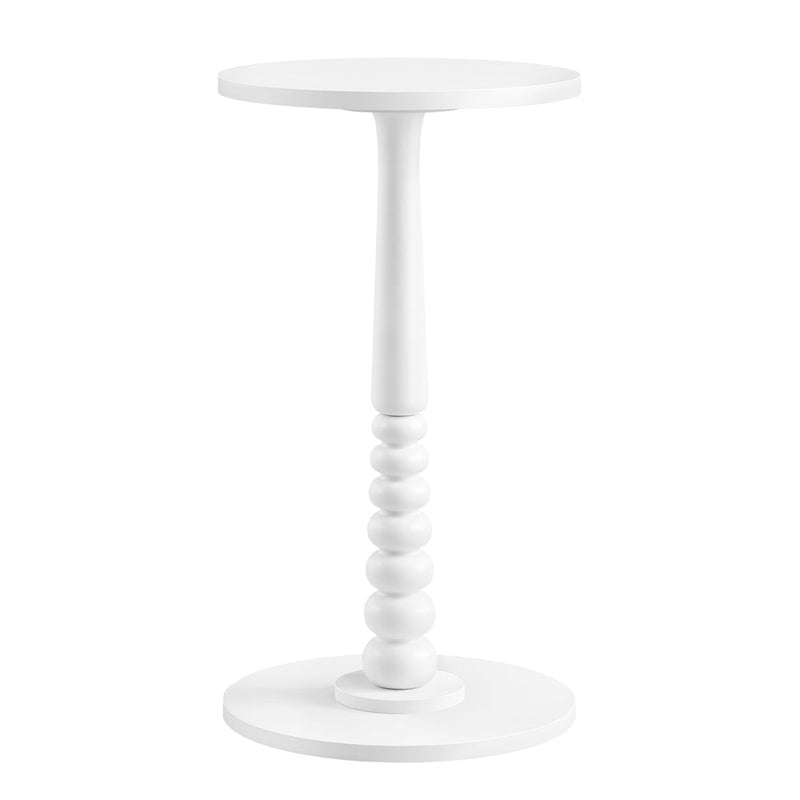 Cloud White MARIEL round side table with turned solid wood pedestal leg on a plain background