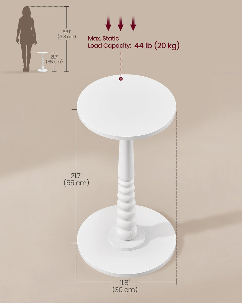 Dimension diagram of the Cloud White table showing 30 cm diameter, 55 cm height and 20 kg load