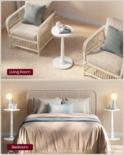 Cloud White table between two rattan armchairs and used as a bedside table in a bedroom