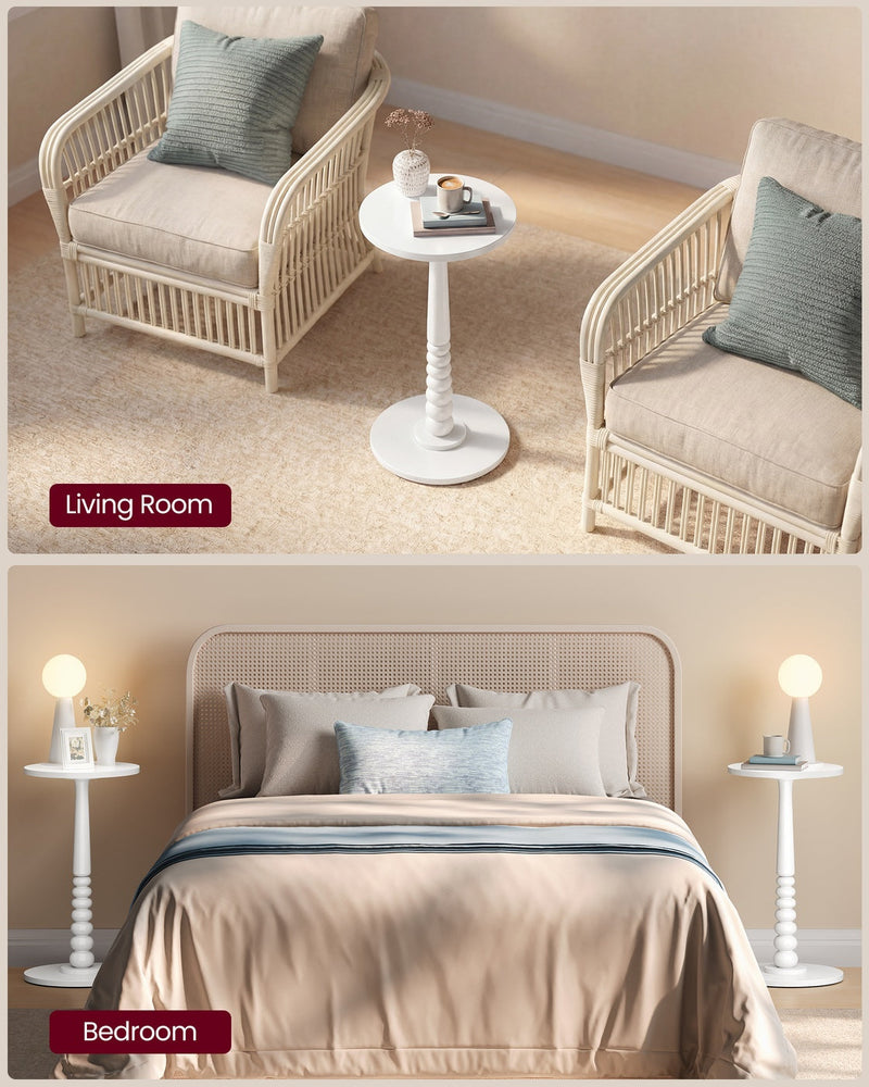 Cloud White table between two rattan armchairs and used as a bedside table in a bedroom