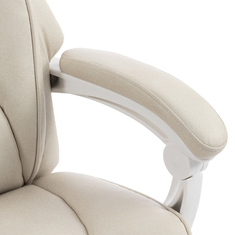 Close-up of the padded armrest and white arm support on the cream white chair