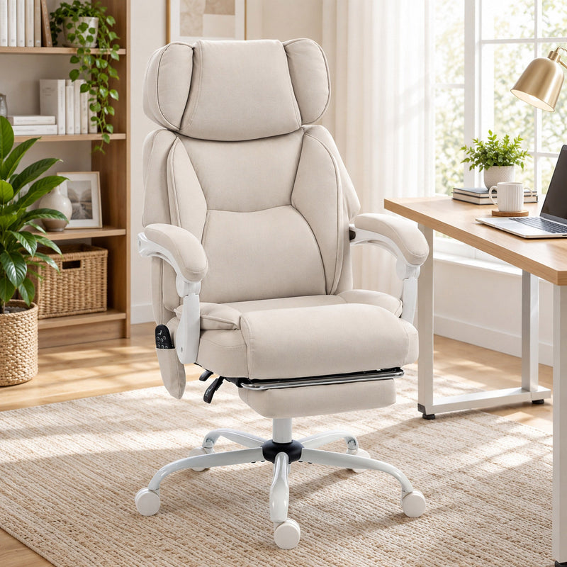 Cream white massage office chair beside a wooden desk in a home office