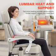 Woman seated in the chair with the two-point lumbar heating zone glowing