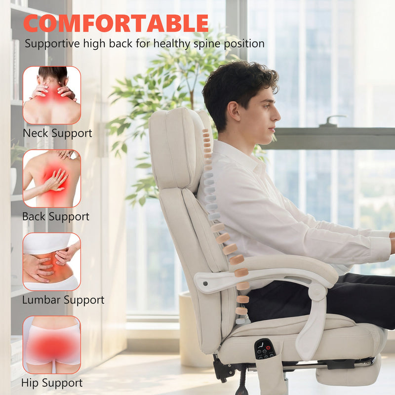 Man seated upright with neck, back, lumbar and hip support zones marked on the chair