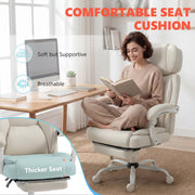 Woman reading in the chair with the thicker seat cushion highlighted