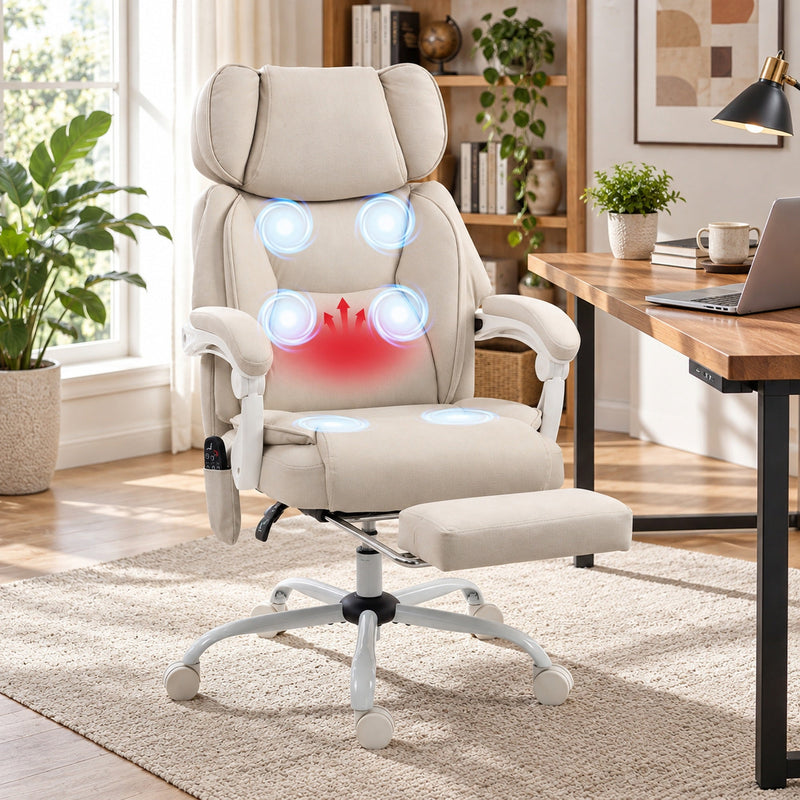 Reclined cream white chair with the footrest extended and massage points glowing