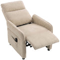 Beige massage recliner armchair reclined with footrest raised, angled studio view