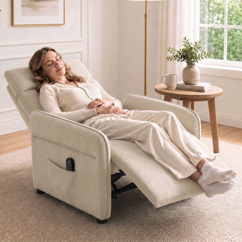 Woman relaxing fully reclined in the beige recliner armchair by a window