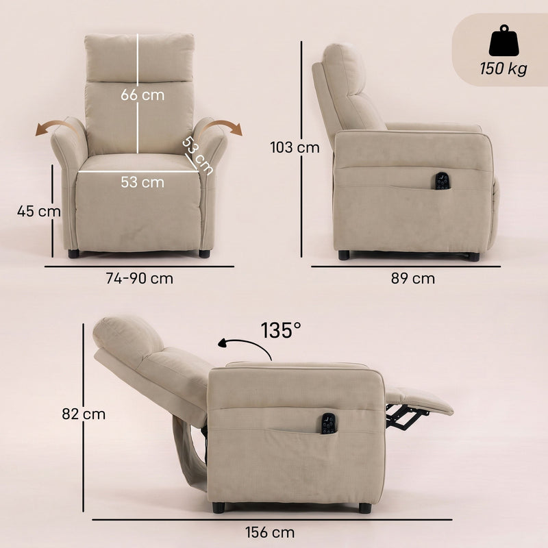 Dimensions diagram showing 74-90cm width, 89cm depth, 103cm height and 135 degree recline with 150kg capacity