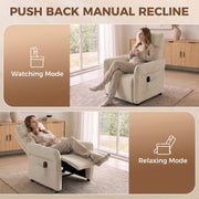 Push back manual recline shown in upright watching mode and reclined relaxing mode