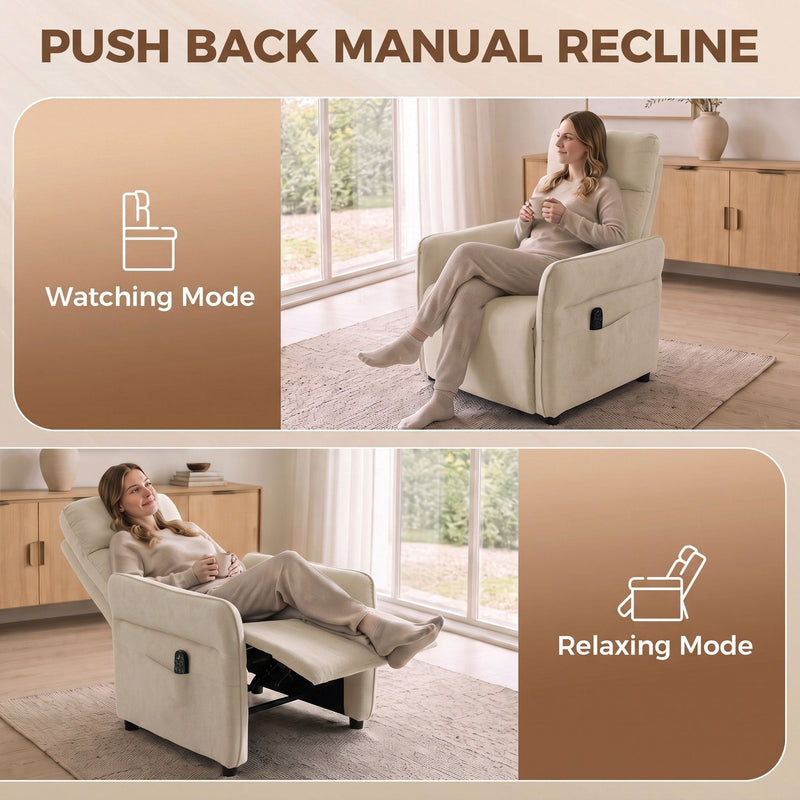 Push back manual recline shown in upright watching mode and reclined relaxing mode