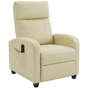 Cream white Homcom recliner armchair shown at an angle with the remote in the side pocket