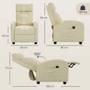 Dimensions diagram showing the cream white recliner at 68 x 88 x 98 cm upright and reclining to 158 cm long at 150 degrees