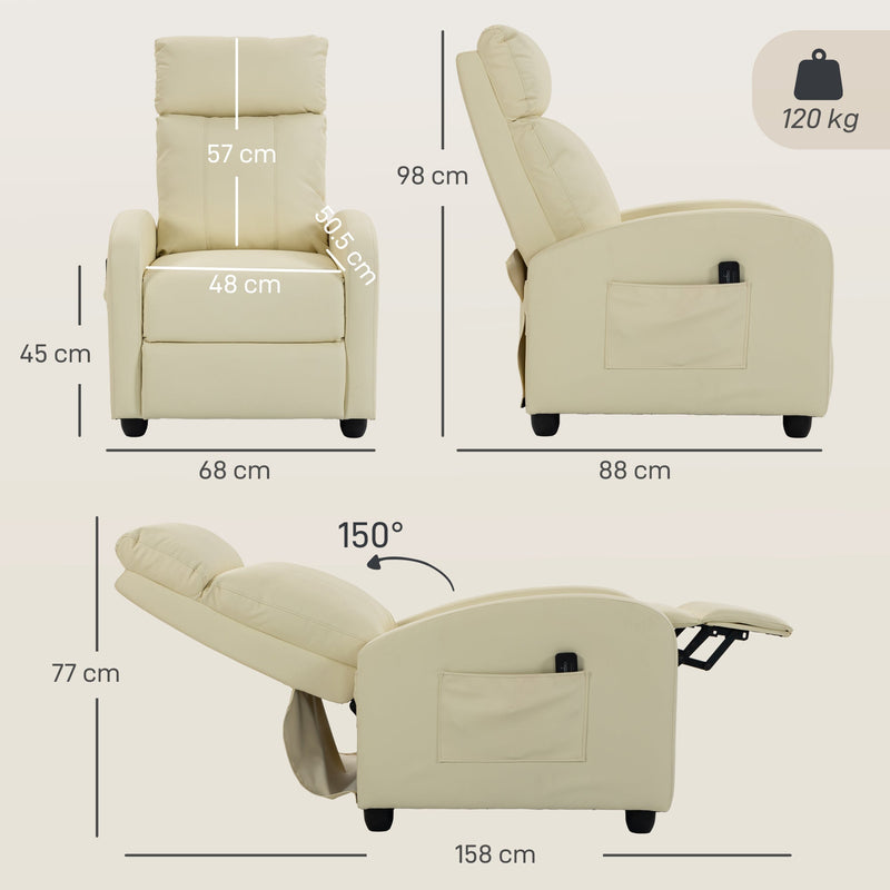 Dimensions diagram showing the cream white recliner at 68 x 88 x 98 cm upright and reclining to 158 cm long at 150 degrees