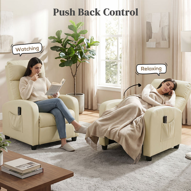 Cream white recliner shown upright for reading and pushed back flat for relaxing
