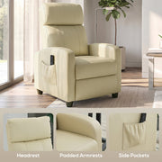Close-up views of the headrest, padded armrests and side pocket on the cream white recliner