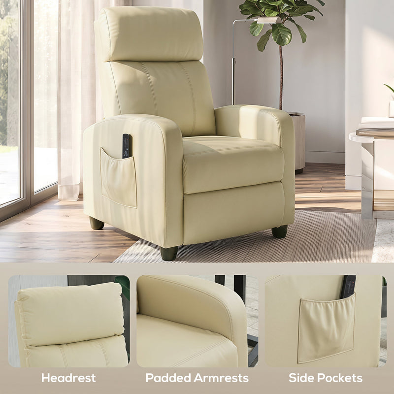 Close-up views of the headrest, padded armrests and side pocket on the cream white recliner
