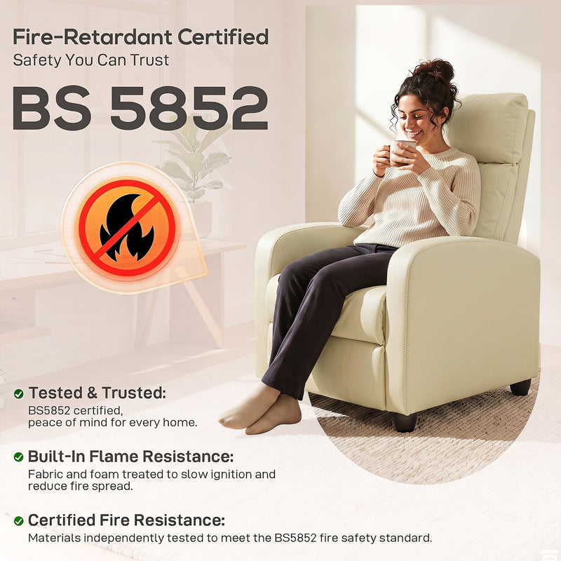 Fire-retardant BS 5852 certification graphic beside the cream white recliner armchair