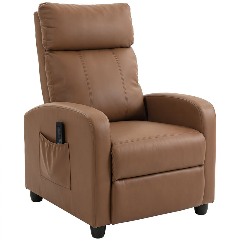 Dark brown Homcom recliner armchair shown at an angle with the remote in the side pocket