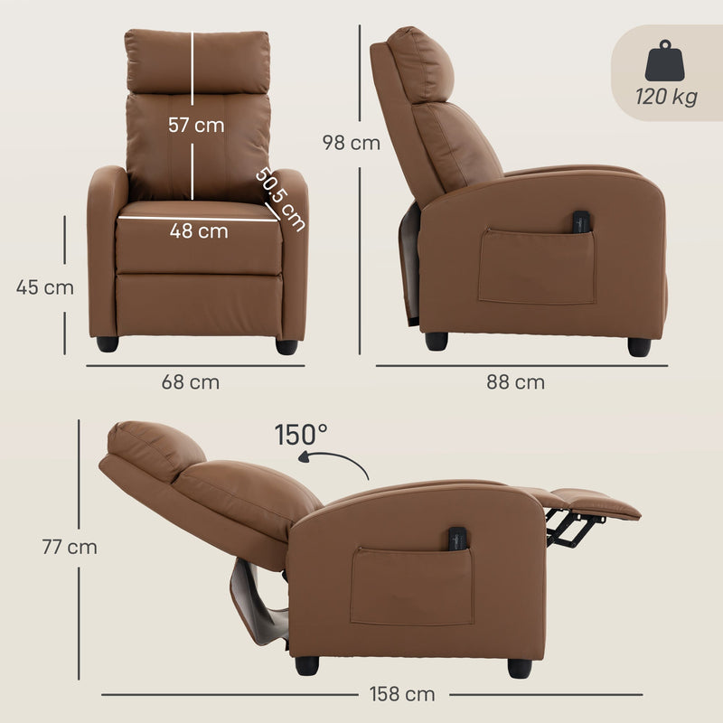 Dimensions diagram showing the dark brown recliner at 68 x 88 x 98 cm upright and reclining to 158 cm long at 150 degrees