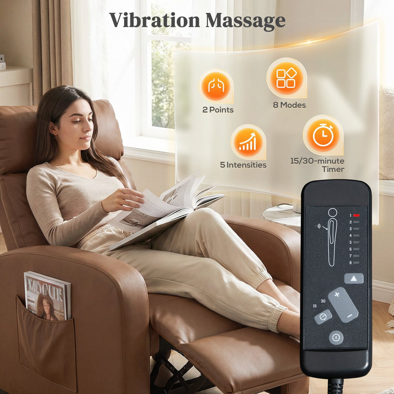 Vibration massage diagram showing 2 massage points, 8 modes, 5 intensities and a 15 or 30 minute timer