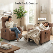 Dark brown recliner shown upright for reading and pushed back flat for relaxing