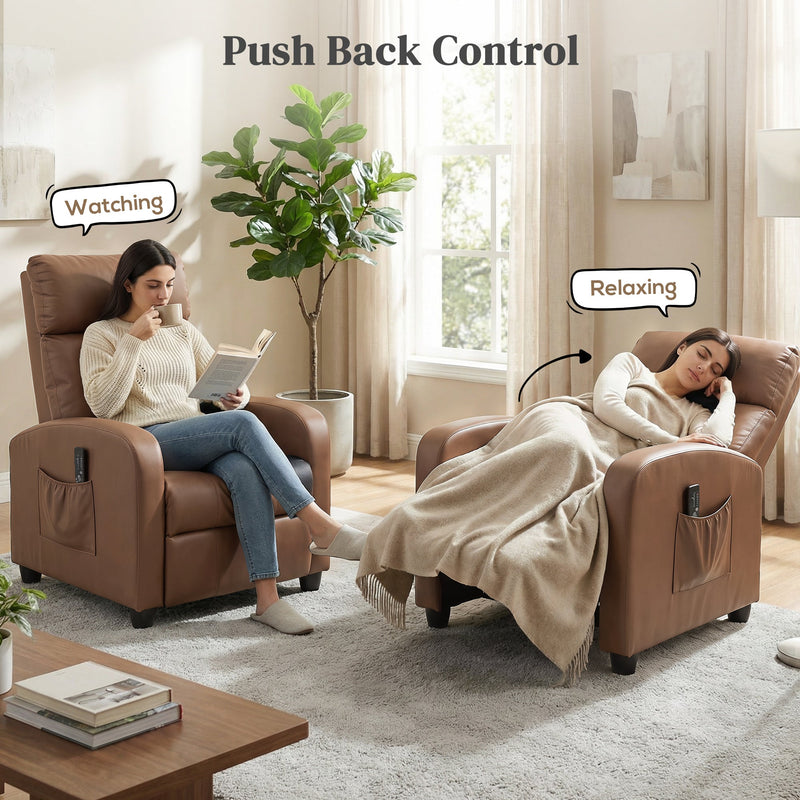 Dark brown recliner shown upright for reading and pushed back flat for relaxing