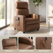 Close-up views of the headrest, padded armrests and side pocket on the dark brown recliner