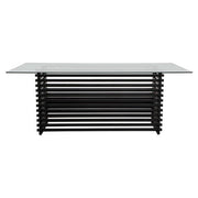 Angled view of the 200cm glass dining table with slatted matt black steel base