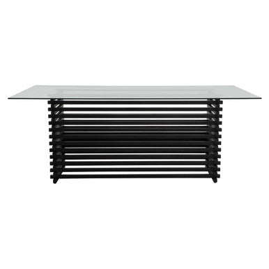 Angled view of the 200cm glass dining table with slatted matt black steel base