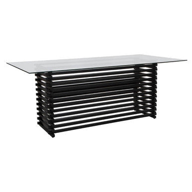 Front view of the 6 seater glass dining table on a plain background