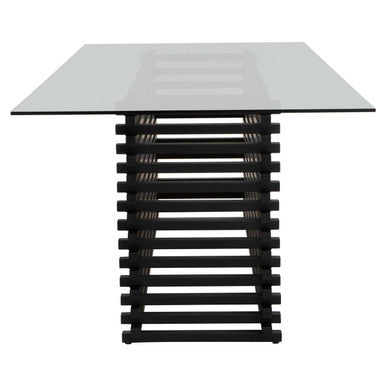 End view of the dining table showing the vertical slats of the black steel base