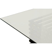 Close-up of the polished edge of the clear tempered glass tabletop