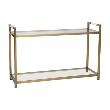 Front view of the 120cm gold console table showing the glass top and lower shelf