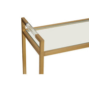 Close-up of the matte gold stainless steel finish on the console table frame