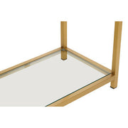 Detail of the console table's lower shelf and supporting gold frame