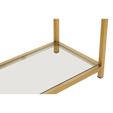 Detail of the console table's lower shelf and supporting gold frame