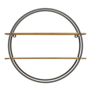 Two tier wall shelf with gold shelves and grey round frame on a plain background