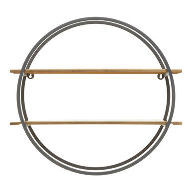 Two tier wall shelf with gold shelves and grey round frame on a plain background
