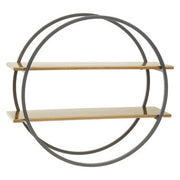 Angled view of round grey frame wall shelf with matte gold shelves