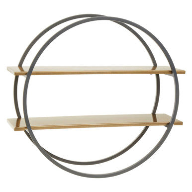 Angled view of round grey frame wall shelf with matte gold shelves