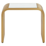 Matte gold slatted end table with clear glass top on a plain background