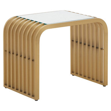 Front view of the matte gold slatted end table showing the stainless steel frame